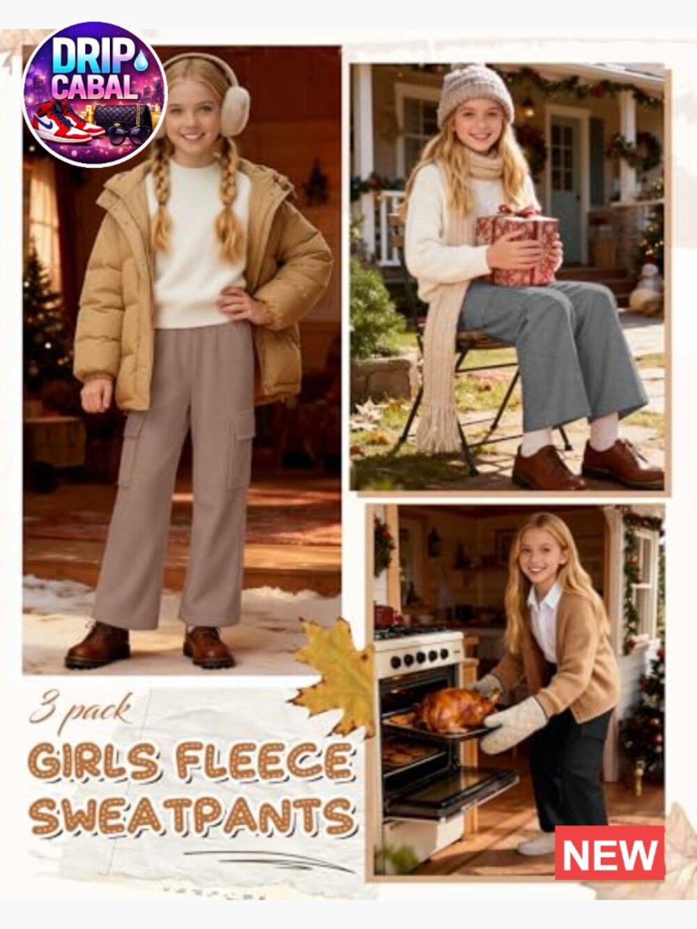 3 Pack Girls Thermal Fleece Cargo Sweatpants 5-14y 4 Pockets Wide Leg High - Picture 5 of 7